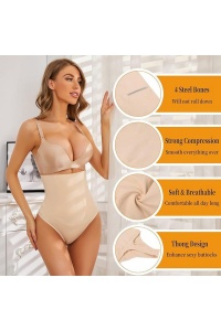 Lenjerie modelatoare premium, tip chilot tanga cu burtiera, talie inalta, efect subtiere a taliei, compresie abdomen, elastica, Beige, L - Img 3