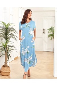 Rochie AUSELILY, maxi cu mânecă scurtă, cu gât rotund, cu buzunare, model floral, culoarea Albastru deschis, S - Img 4