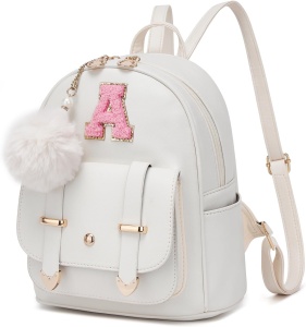 Rucsac mini pentru femei, design dragut cu pompon, alb murdar, litera A