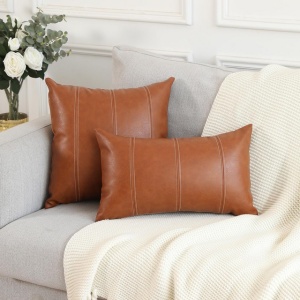 Set de 2 huse de perne decorative din piele artificială cu dungi, maro, 55 x 55 cm - Img 4