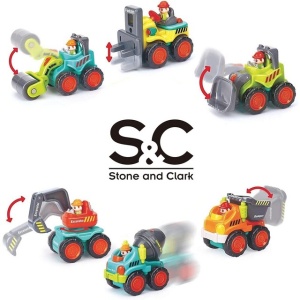 Set de 6 vehicule de constructii – buldozer, betonieră, basculantă, stivuitor, excavator și compactor - jucărie de împins, 18 luni+ - Img 4