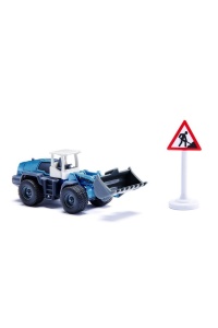 Set jucarie santier, camion, stivuitor, încărcător frontal, 6 paleti, 2 semne de circulatie, metal/plastic, galben/albastru, piese mobile - Img 6