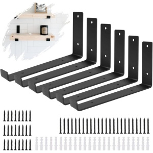 Suporturi de raft negre, pachet de 6, rezistente, model industrial în formă de L (5,5 x 9 inci)