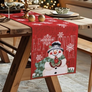 Traversa (aleer) de masa, pentru Crăciun, 35x180cm - om de zăpadă si fulg de nea - Img 1