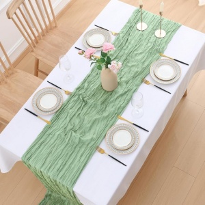 Aleer (runner) de masă, set 2 bucati, 90 x 300 cm, decorare boho modernă, pânză tifon (muselină) pentru nuntă, petrecere, verde salvie - Img 3
