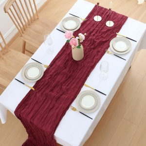 Aleer (runner) de masă, set 2 bucati, 90 x 300 cm, decorare boho modernă, pânză tifon (muselină) pentru nuntă, petrecere, rosu vin - Img 4