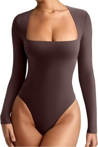 Body pentru femei cu mâneca lunga, croiala slim fit, captuseala, usor, stratificat, Cacao, M