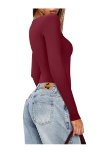 Body pentru femei cu mâneca lunga, croiala slim fit, captuseala, usor, stratificat, rosu vin XL - Img 2