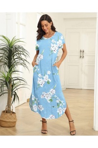 Rochie AUSELILY, maxi cu mânecă scurtă, cu gât rotund, cu buzunare, model floral, culoarea Albastru deschis, S - Img 2