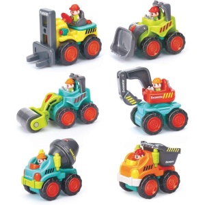 Set de 6 vehicule de constructii – buldozer, betonieră, basculantă, stivuitor, excavator și compactor - jucărie de împins, 18 luni+