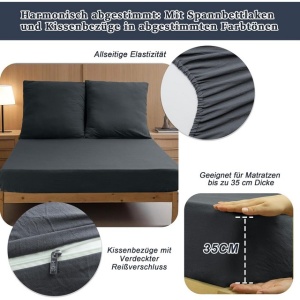 Set de lenjerie de pat HIG din bumbac, 5 piese, 2 x husa de pilota 135 x 200 cm, 2 fete de perna 80 x 80 cm, 1 cearsaf 180x200x35cm, gri închis - Img 3