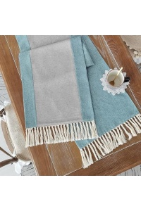Traversa de masa cu ciucuri 35 x 180 cm, gri cu albastru - Img 3