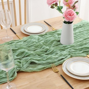 Aleer (runner) de masă, set 2 bucati, 90 x 300 cm, decorare boho modernă, pânză tifon (muselină) pentru nuntă, petrecere, verde salvie - Img 4