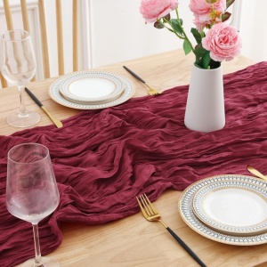 Aleer (runner) de masă, set 2 bucati, 90 x 300 cm, decorare boho modernă, pânză tifon (muselină) pentru nuntă, petrecere, rosu vin - Img 5