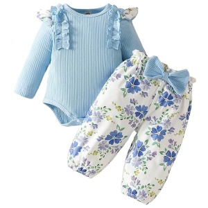 Compleu nou-nascuti din 3 piese, pentru fete, albastru-alb, floral, 6-9 luni, 70 cm - Img 1