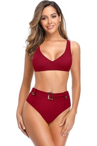 Costum de baie din doua piese pentru femei, cu decolteu în V, bikini cu talie înaltă, rosu vin, M - Img 5