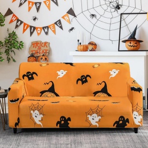 Husă elastica pentru canapea de 2 persoane, model Halloween, detasabilă, lavabilă, anti-alunecare, orange - Img 3
