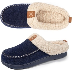 Papuci stil botine slip-on, femei, calde, din tricot, confortabile din imitatie piele intoarsa, spuma memorie, bleumarin, 38-39 - Img 1