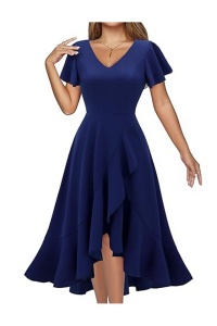 Rochie de cocktail vintage rockabilly pentru femei, cu decolteu în V si volane, bleumarin, 2XL