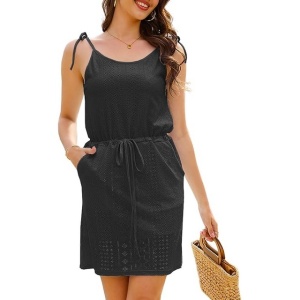 Rochie de vara pentru femei, fara mâneci, cu bretele reglabile, mini, cu buzunare, negru M