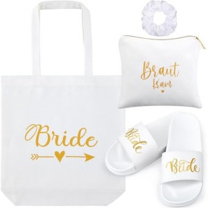 Set de 4 accesorii pentru petrecerea de burlacite, mireasa- papuci, geanta tote, trusa de cosmetice, elastic de par