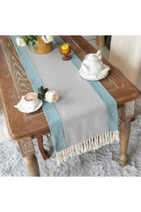 Traversa de masa cu ciucuri 35 x 180 cm, gri cu albastru - Img 1