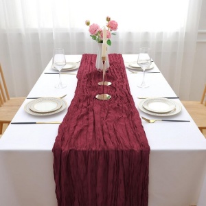 Aleer (runner) de masă, set 2 bucati, 90 x 300 cm, decorare boho modernă, pânză tifon (muselină) pentru nuntă, petrecere, rosu vin - Img 6