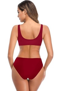 Costum de baie din doua piese pentru femei, cu decolteu în V, bikini cu talie înaltă, rosu vin, M - Img 6