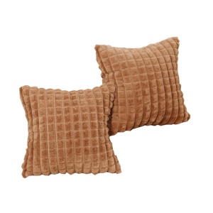 Fețe pernă decorative 65x65cm, set 2 buc, din blană artificială de plus, textură în carouri, maro - Img 2