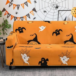 Husă elastica pentru canapea de 2 persoane, model Halloween, detasabilă, lavabilă, anti-alunecare, orange - Img 4