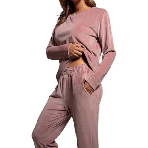 Pijamale de iarnă calde din fleece cu mâneci lungi pentru femei, din două piese, roz inchis, XXS - Img 5