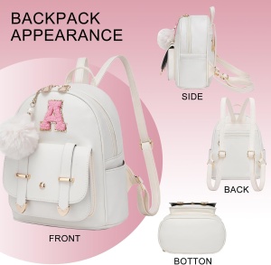 Rucsac mini pentru femei, design dragut cu pompon, alb murdar, litera A - Img 2