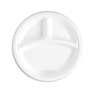 Set 50 bucati farfurii de unica folosinta, din hârtie de bagas de 25 cm, alb perlat, cu 3 compartimente - Img 1
