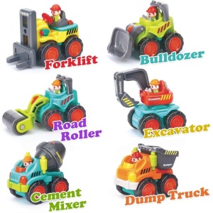 Set de 6 vehicule de constructii – buldozer, betonieră, basculantă, stivuitor, excavator și compactor - jucărie de împins, 18 luni+ - Img 5
