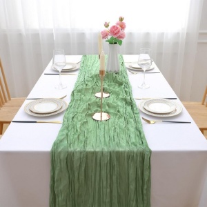 Aleer (runner) de masă, set 2 bucati, 90 x 300 cm, decorare boho modernă, pânză tifon (muselină) pentru nuntă, petrecere, verde salvie - Img 6