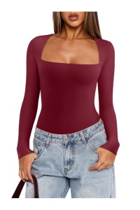 Body pentru femei cu mâneca lunga, croiala slim fit, captuseala, usor, stratificat, rosu vin XL - Img 3