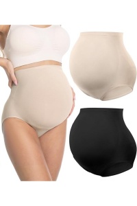 Lenjerie intima pentru gravide, cu talie înalta, fara cusaturi, set de 2 buc., cu suport pentru abdomen – Negru/Bej, M