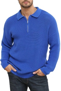 Pulover tricotat pentru bărbați, cu guler si fermoar, albastru, XL
