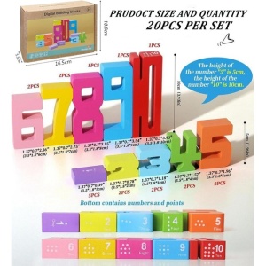 Set 20 de piese blocuri de numere din lemn, jucarie educativa de învatare a matematicii pentru copii de 3 ani si peste