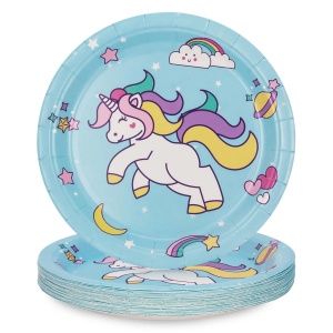 Set 25 farfurii de unica folosinta, unicorn, albastre, 18 cm diametru