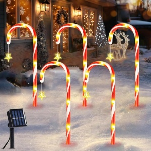 Set 5 decoratiuni luminoase de gradina pentru Crăciun, steluta si bastonas, panou solar, LED - Img 1