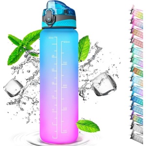 Sticla de apă gradata, cu pai, 1 l, deschidere cu un singur clic, potrivită pentru sport, yoga, camping, ciclism si viata de familie (albastru violet) - Img 1