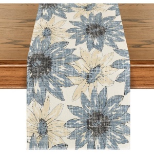 Traversa de masa model retro cu margarete albastre, 40x140 cm - Img 1