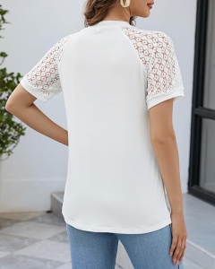 Tricou de vara pentru femei, dantela, mâneca scurta, guler rotund, elegant, plisat în fata, alb, XL - Img 4