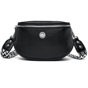 Geantă pentru femei tip crossbody neagră, cu floare, curea lata - Img 1