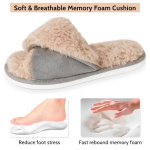 Papuci de plus confortabili cu vârful deschis, tip crossover, căptuseală caldă din fleece, antiderapanti pentru interior si exterior, gri, 39/40 EU - Img 2