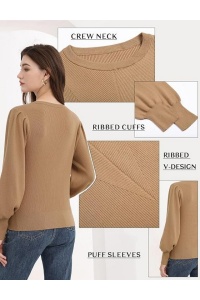 Pulover pentru femei, cu mâneci bufante lungi, bej, L - Img 4