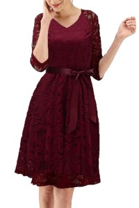Rochie de ocazie, din dantelă model de epocă cu decolteu în V, Bordeaux, M - Img 4