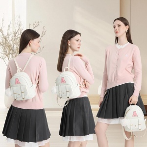 Rucsac mini pentru femei, design dragut cu pompon, alb murdar, litera A - Img 6