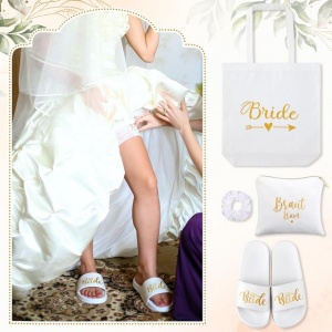 Set de 4 accesorii pentru petrecerea de burlacite, mireasa- papuci, geanta tote, trusa de cosmetice, elastic de par - Img 2